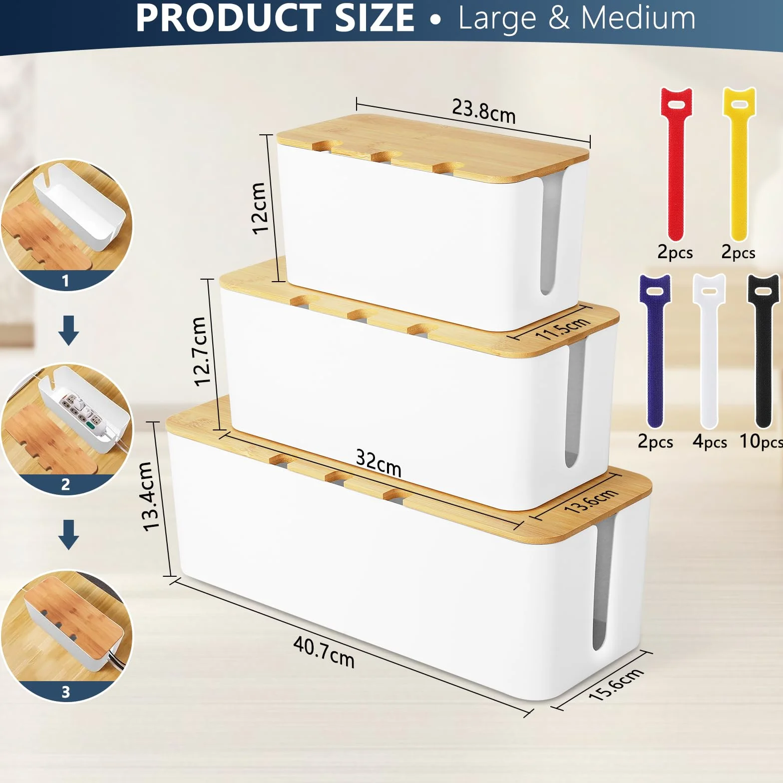 Skrzynka na Kable 3 Sztuki Pudełko z Drewnianą Pokrywką, Cable Organizer Box z Taśmami, Duży Średni Mały