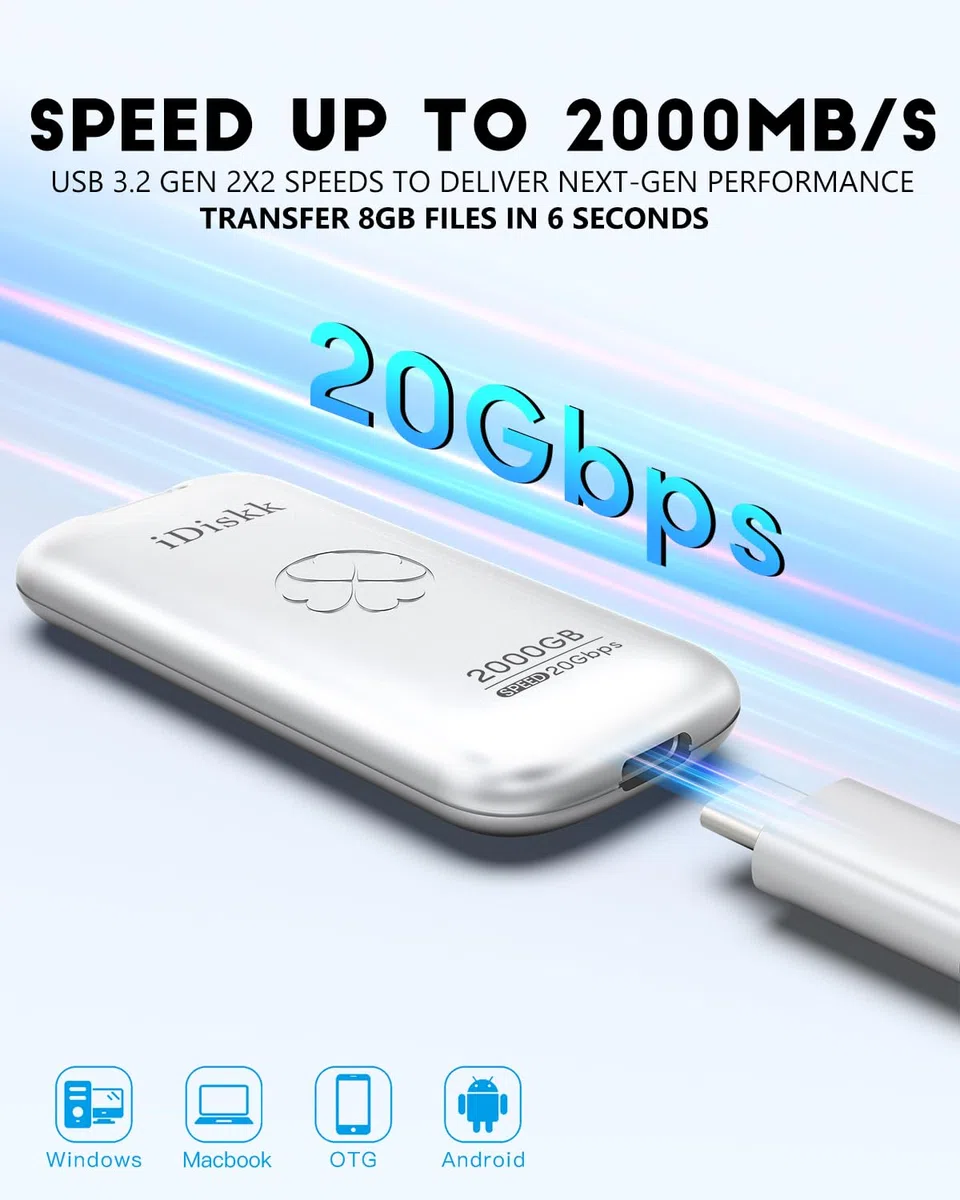 iDiskk Zewnętrzny dysk półprzewodnikowy 256 GB do 2000 MB/s, USB 3.2 Gen 2 x 2 USB-C SSD, wysokowydajny przenośny dysk SSD z kablem USB-C, kieszonkowa pamięć USB C, 2000 MB/s (srebrny)