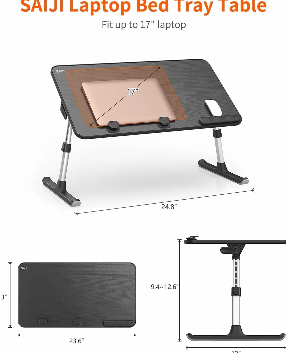 SAIJI regulowany stojak na laptopa 5 wysokości 4 kąty składany stół na łóżko 60 x 33 cm do 17 cali