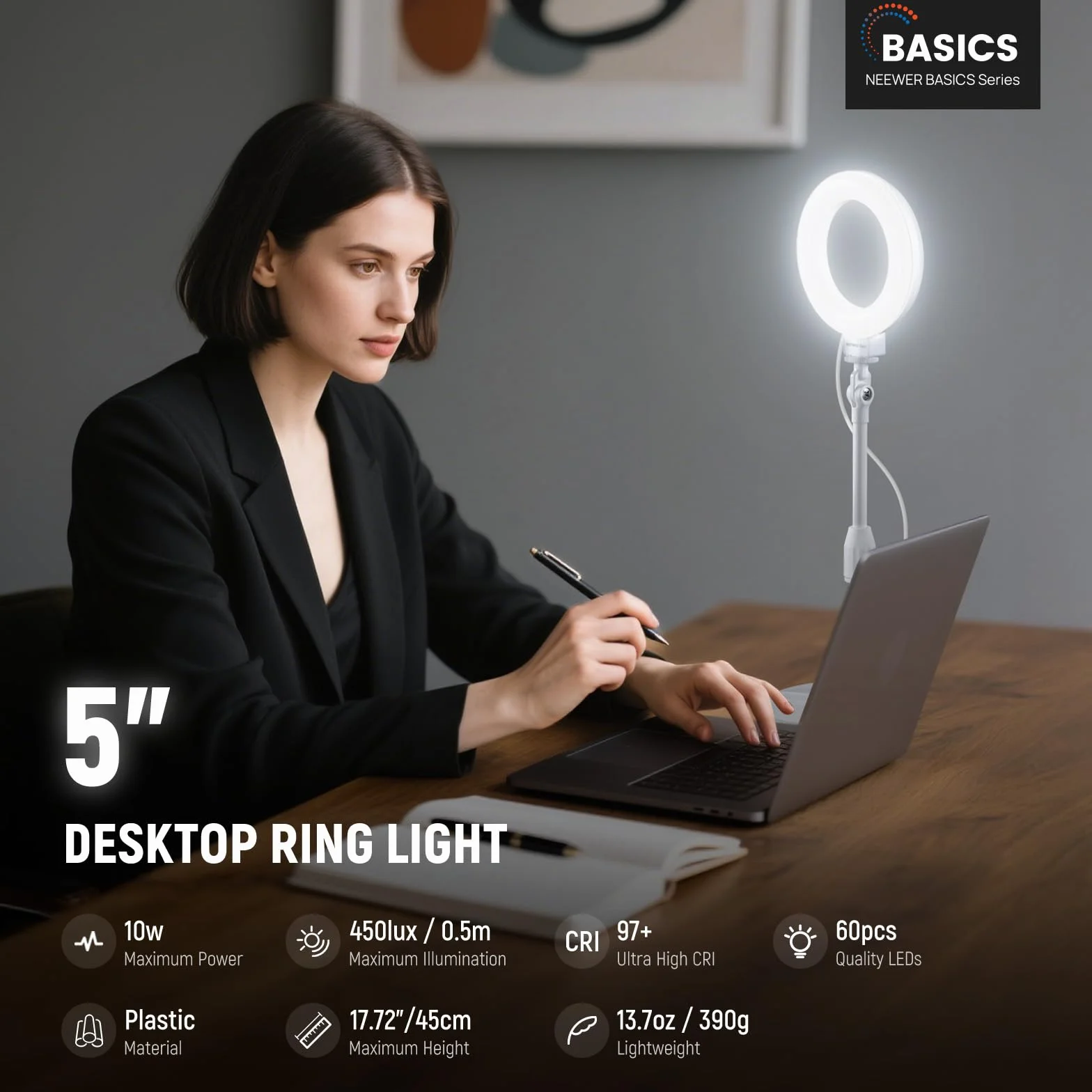 NEEWER Podstawowe 5"/13 cm Obręcz Biurko z Uchwytem, 10 W LED Selfie Światło z Podstawą Telefon Kompatybilny z iPhone Do Nagrywania Laptopa Kamera Internetowa Zoom Wideokonferencja Oświetlenie