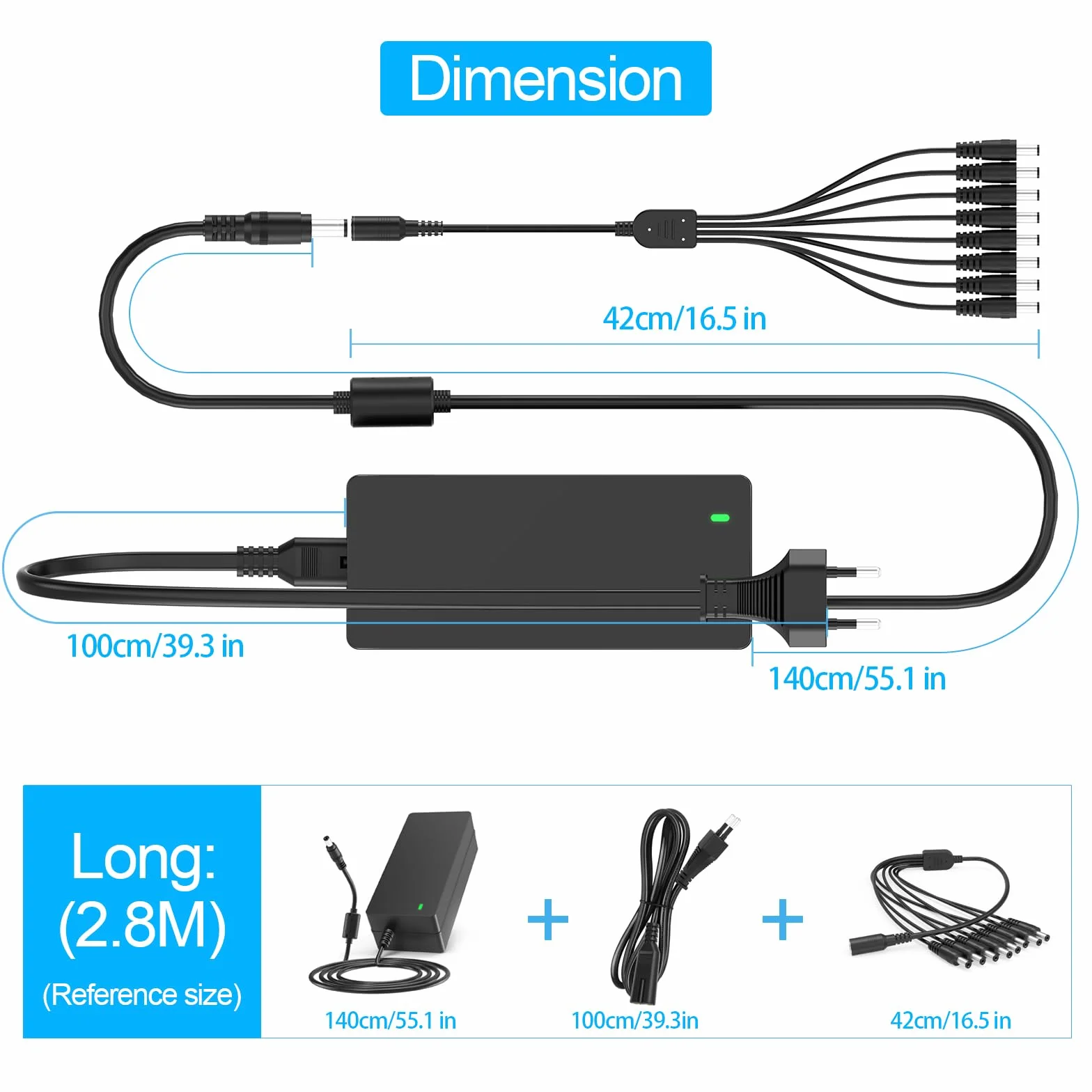 Zasilacz 12 V 5 A CCTV, 12 V, 5 A, zasilacz do kamery bezpieczeństwa z 8-drożnym kablem rozdzielacza, kompatybilny z kamerami Lorex, Samsung, Q-See, Night Owl, Swann, Annke IP i BNC