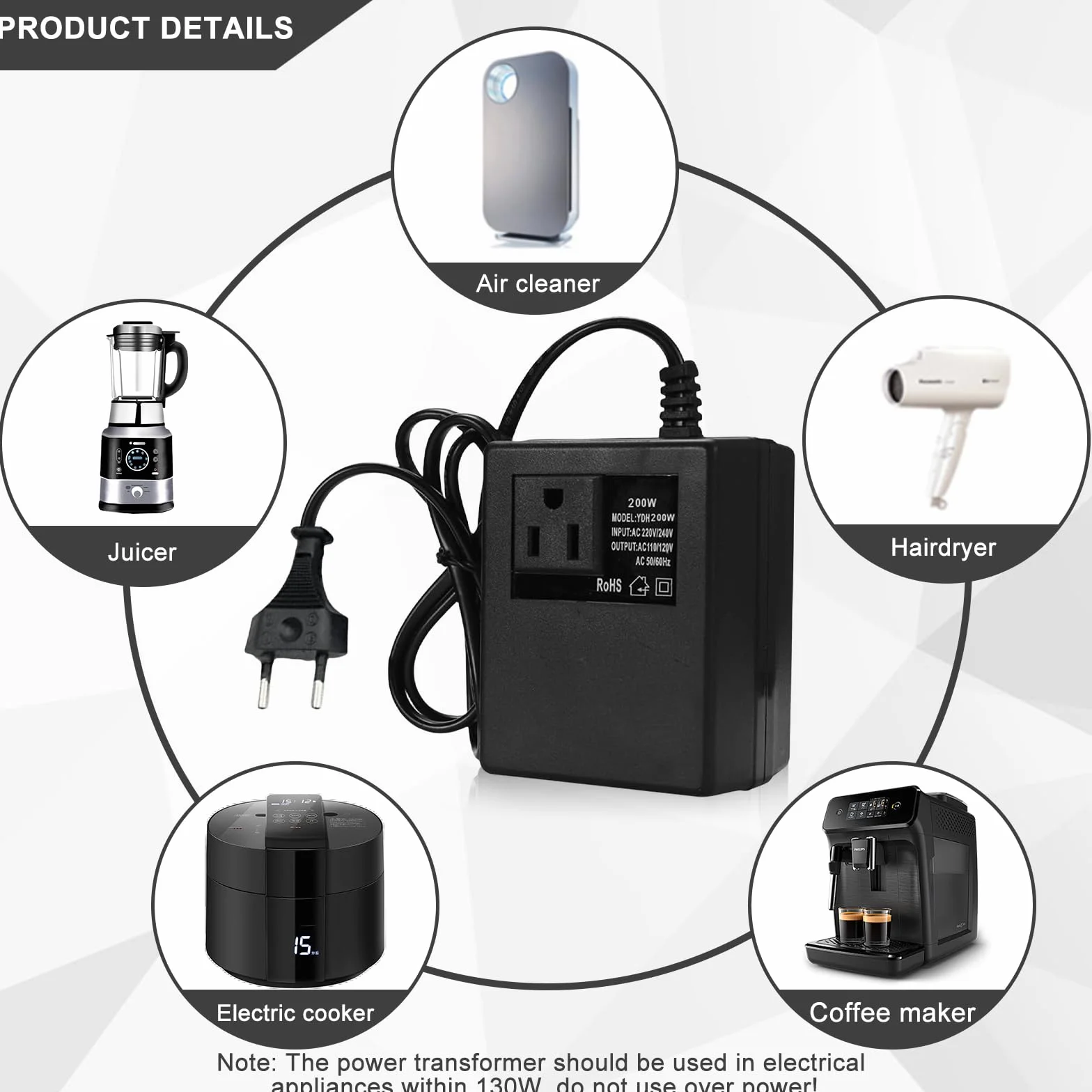 Transformator napięcia 220 V na 110 V, 200 W adapter sieciowy krok w dół, konwerter prądu, adapter podróżny, wtyczka EU