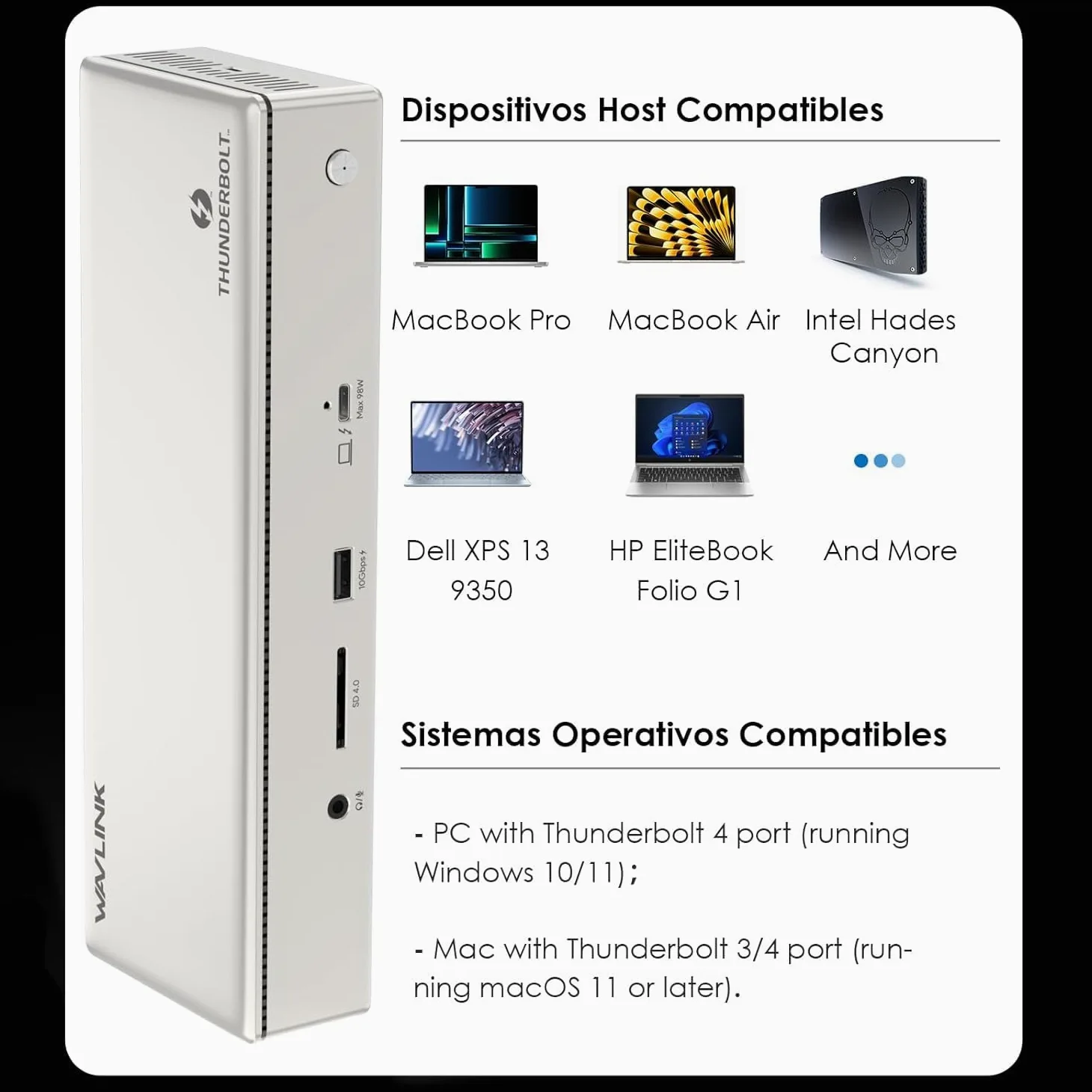 WAVLINK Thunderbolt 4 stacja dokująca 15 w 1, 98 W PD, pojedyncza stacja dokująca 8K/Quad 4K z 2 DP/2 HDMI, 4 portami Thunderbolt 4, 4 x USB A, 2.5 GbE, SD, Audio/Mic, kompatybilna z MacBook Pro/Air