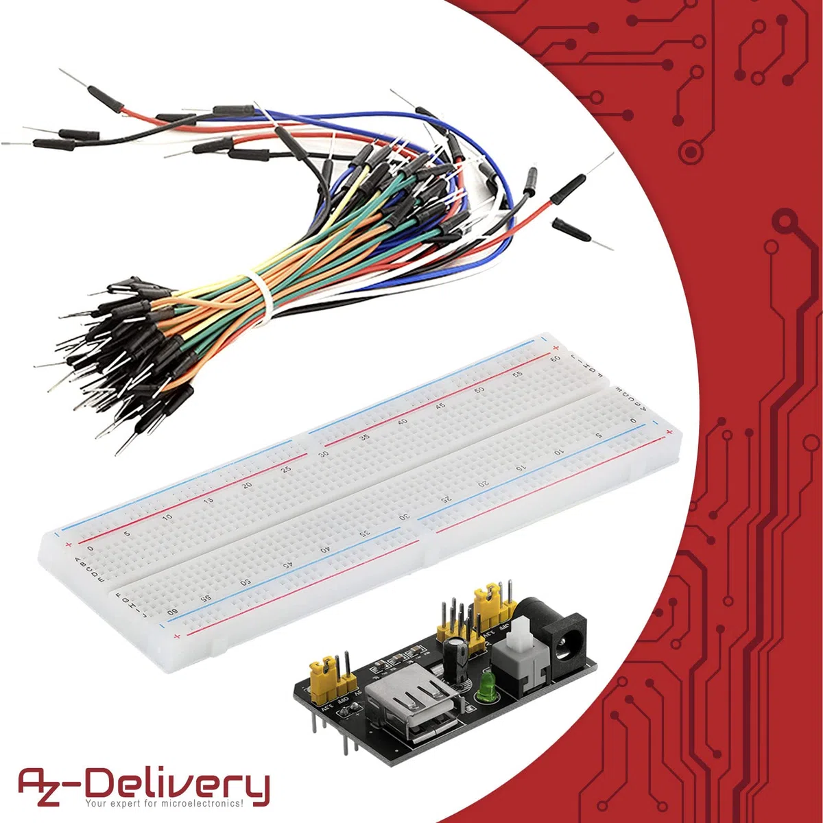 AZDelivery MB 102 Breadboard Kit - 830 breadboard, zasilacz 3,3V 5V, 65szt zworek kompatybilny z Arduino i Raspberry Pi w tym Ebook!