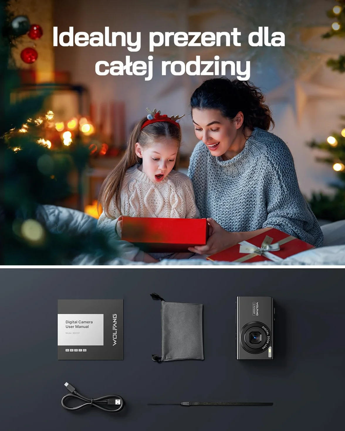 WOLFANG Aparat cyfrowy, 2,7 K Kids Camera do fotografii, 50 MP, kompaktowa kamera vloggowa, 16 x cyfrowy zoom, automatyczny punkt skupienia i strzelanie, prezent dla studentów, nastolatków