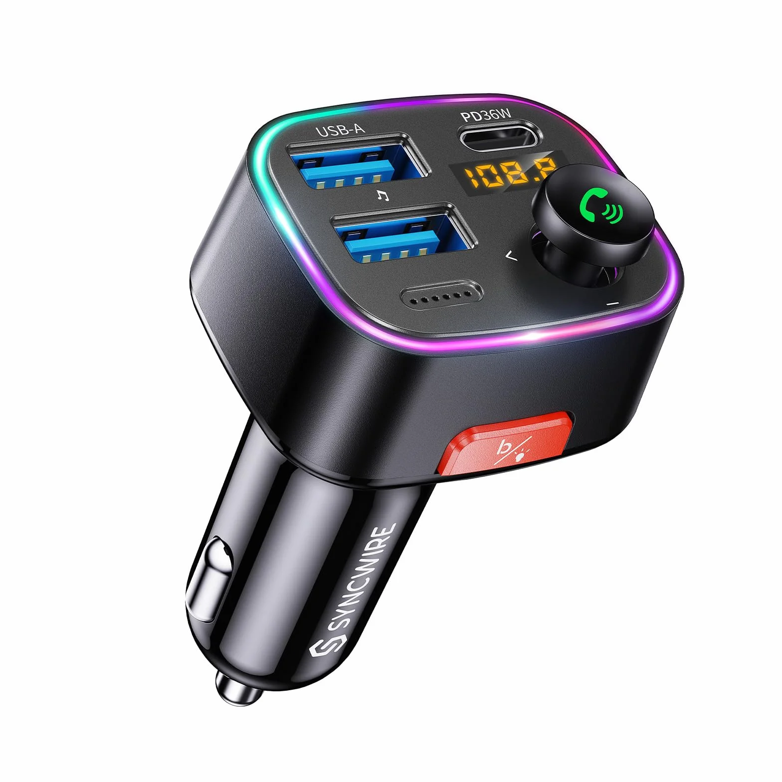 Syncwire Bluetooth 5.3 FM Nadajnik Samochodowy 48W Ładowarka Samochodowa Bezprzewodowy Odbiornik Radiowy Wyświetlacz LED USB