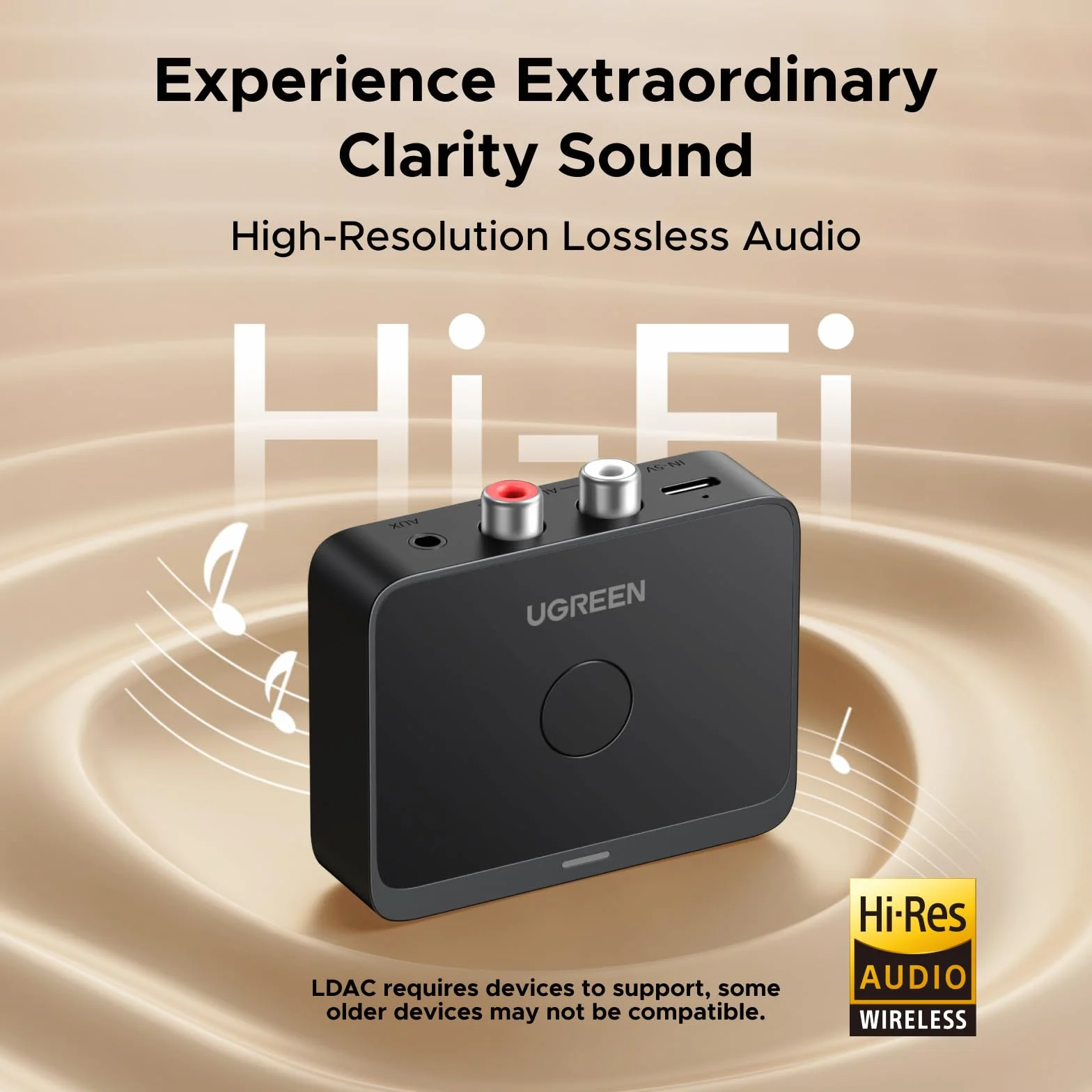 UGREEN Adapter Bluetooth 6.0 stereo z dekodowaniem LDAC, certyfikatem Hi-Res Audio Gold Standard, odbiornik audio Aux Bluetooth kompatybilny z głośnikami, wzmacniaczem i radiem samochodowym