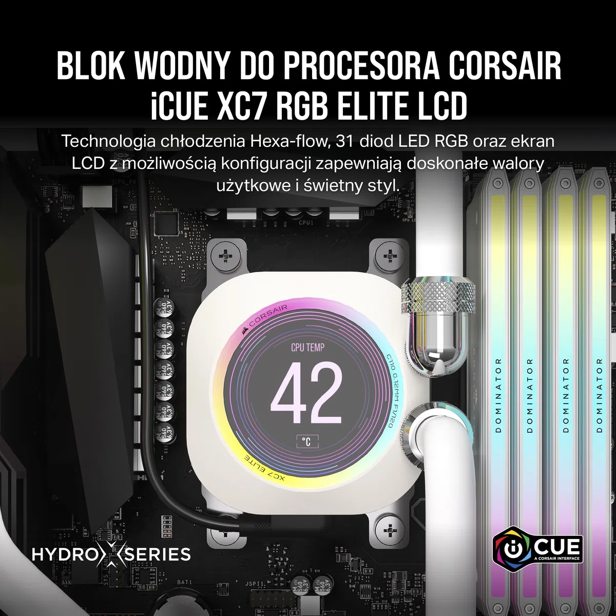 CORSAIR XC7 RGB ELITE LCD Blok Wodny do Procesora - 480x480 Ekran LCD IPS - 31 RGB LEDs - USB-C - Pasuje do Gniazd Intel® LGA 1700, AMD® AM5 i Starszych - Biały