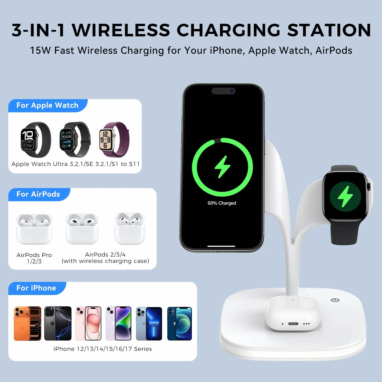 HJCE Bezprzewodowa ładowarka, 20W stacja ładująca 3 w 1 do Apple składana, indukcyjna do iPhone 17e Air 17 16 15 14 13 12, Apple Watch 11/10/9/8/7/6/5/4/3/2/SE/Ultra, AirPods Pro/3/2
