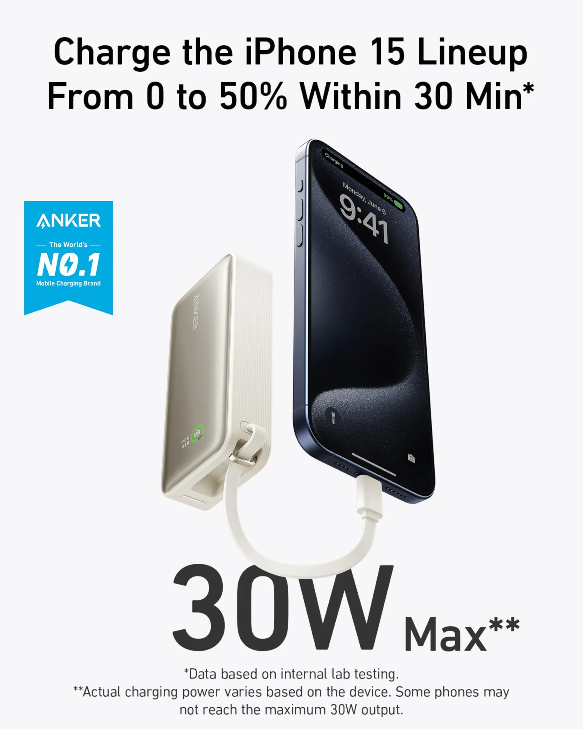 Anker Nano Powerbank, 10 000 mAh Powerbank z wbudowanym kablem USB-C, PD 30 W maksymalna moc z 1 x USB-C, 1 x USB-A, kompatybilny z iPhone 16/15/14, MacBook, Galaxy, iPad, AirPods i innymi