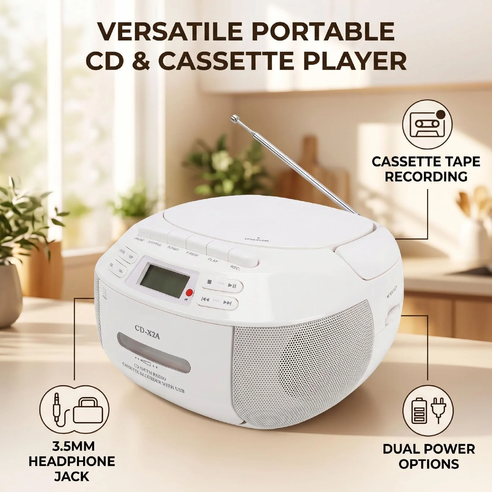 Sxhlseller Przenośny Odtwarzacz Kasetowy CD z Bluetooth, AM FM, USB i AUX (wtyczka UE)