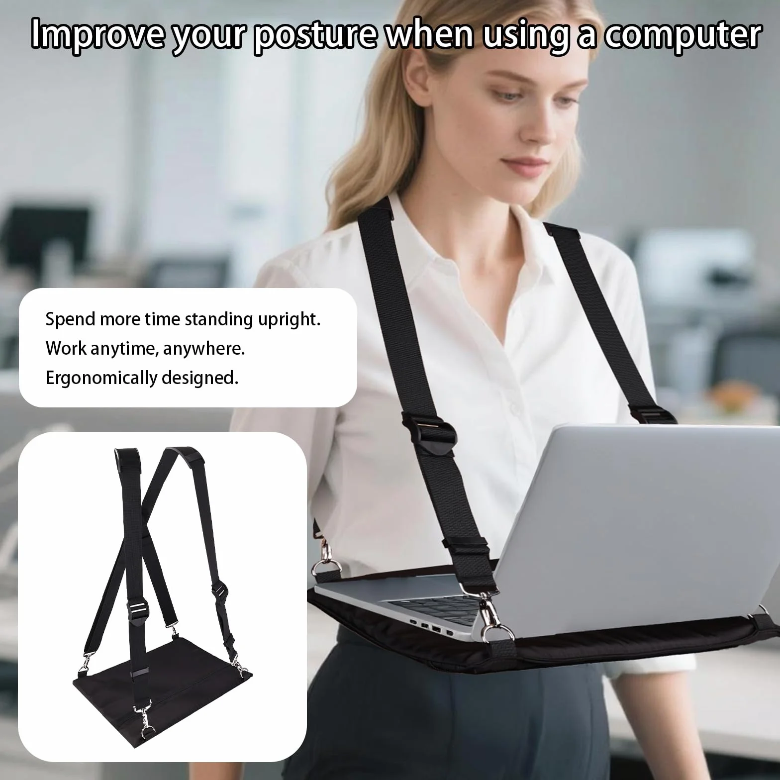 Przenośna Uprząż do Chodzenia Laptopa, Regulowany Stojak z Ergonomicznymi Paskami 40,6 cm do Pracy na Zewnątrz