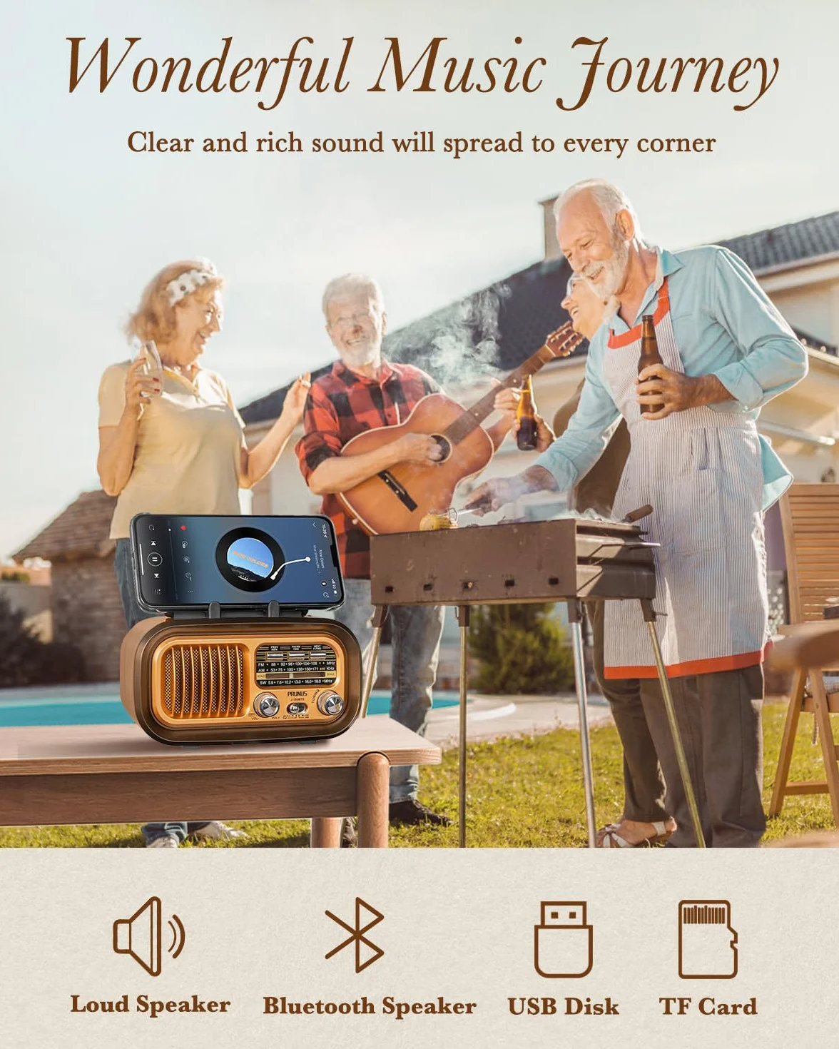 PRUNUS J-150 Radio przenośne retro, AM/FM/SW małe radio Bluetooth, na baterie 1200 mAh z akumulatorem lub bateriami D-Cell, z panelem słonecznym, radio na energię słoneczną, obsługuje USB/karty TF