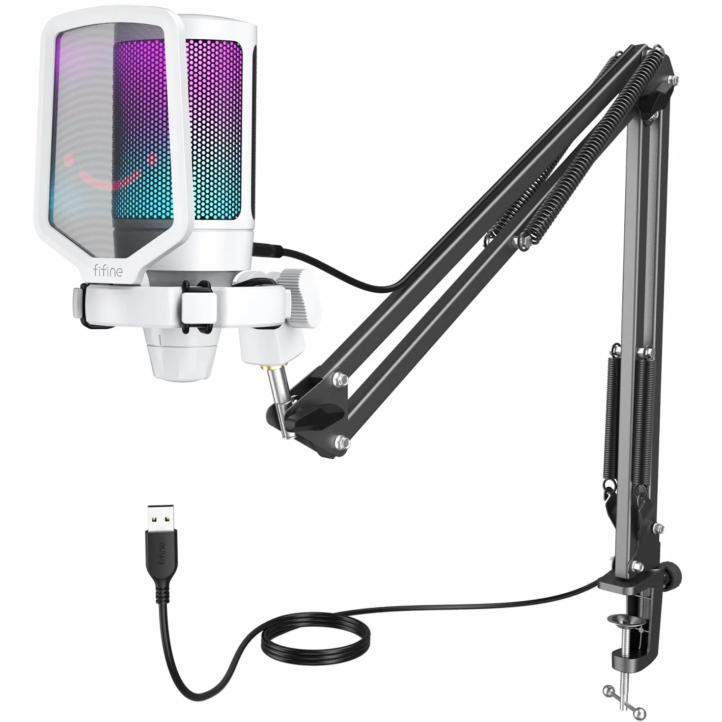 FIFINE Zestaw mikrofonowy dla graczy, USB, mikrofon pojemnościowy RGB, do komputerów stacjonarnych/ PS4/ PS5, z przyciskiem wyciszania, filtrem pop, ramieniem, uchwytem Shock Mount, A6TW