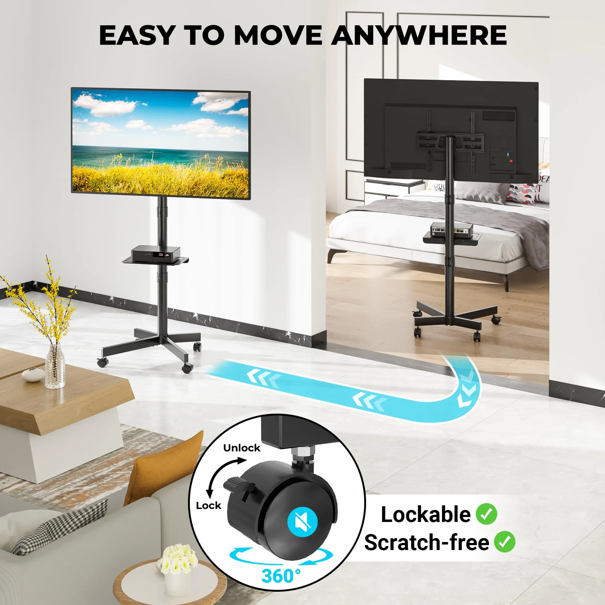 BONTEC Mobilny Stojak na Telewizor na Kółkach 23-60 cali, Regulowany, VESA 400x400 mm, Nośność 25 kg