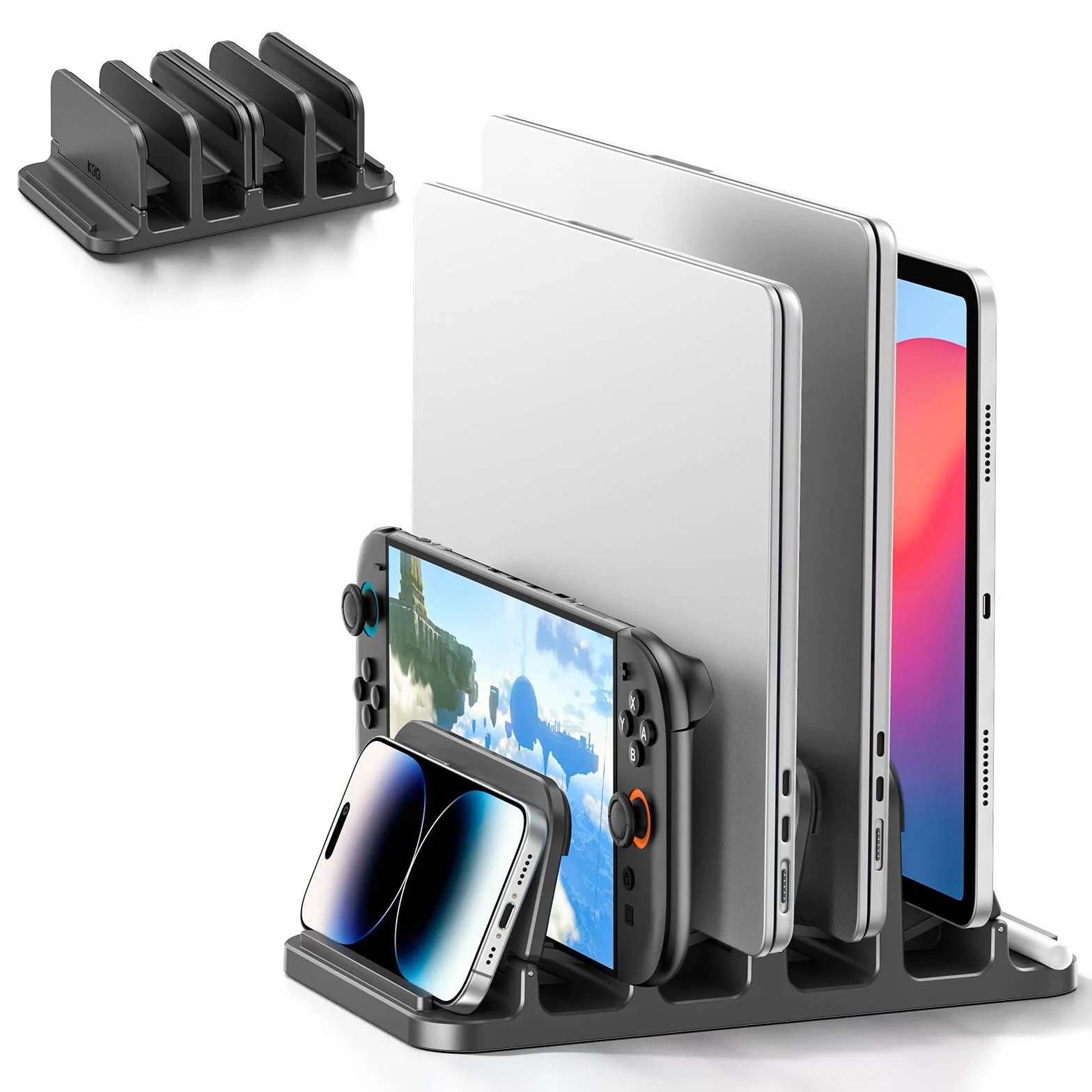 KDD Pionowy stojak na laptopa z blokadą grawitacyjną, uchwyt na laptopa 6 w 1, organizer oszczędzający miejsce pasuje do MacBooka/Surface/Samsung/HP/Dell/Book/tablet/Switch i telefonu komórkowego