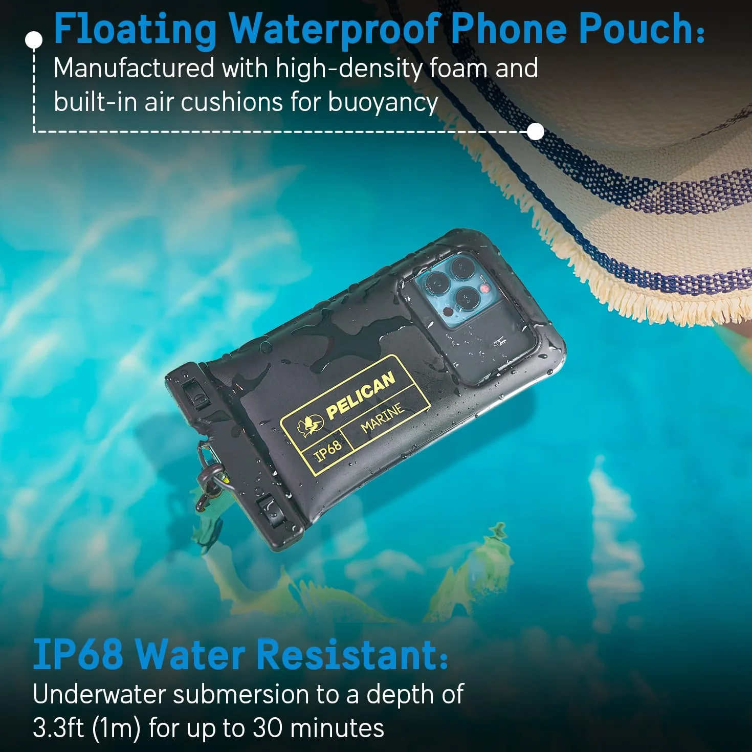 Pelican Marine - Wodoodporne etui na telefon IP68 (rozmiar regularny) - pływające wodoodporne etui na telefon iPhone 14 Pro Max/ 13 Pro Max/ 12 Pro Max/ 11/ S22 Ultra - Odpinana smycz - czarny/żółty