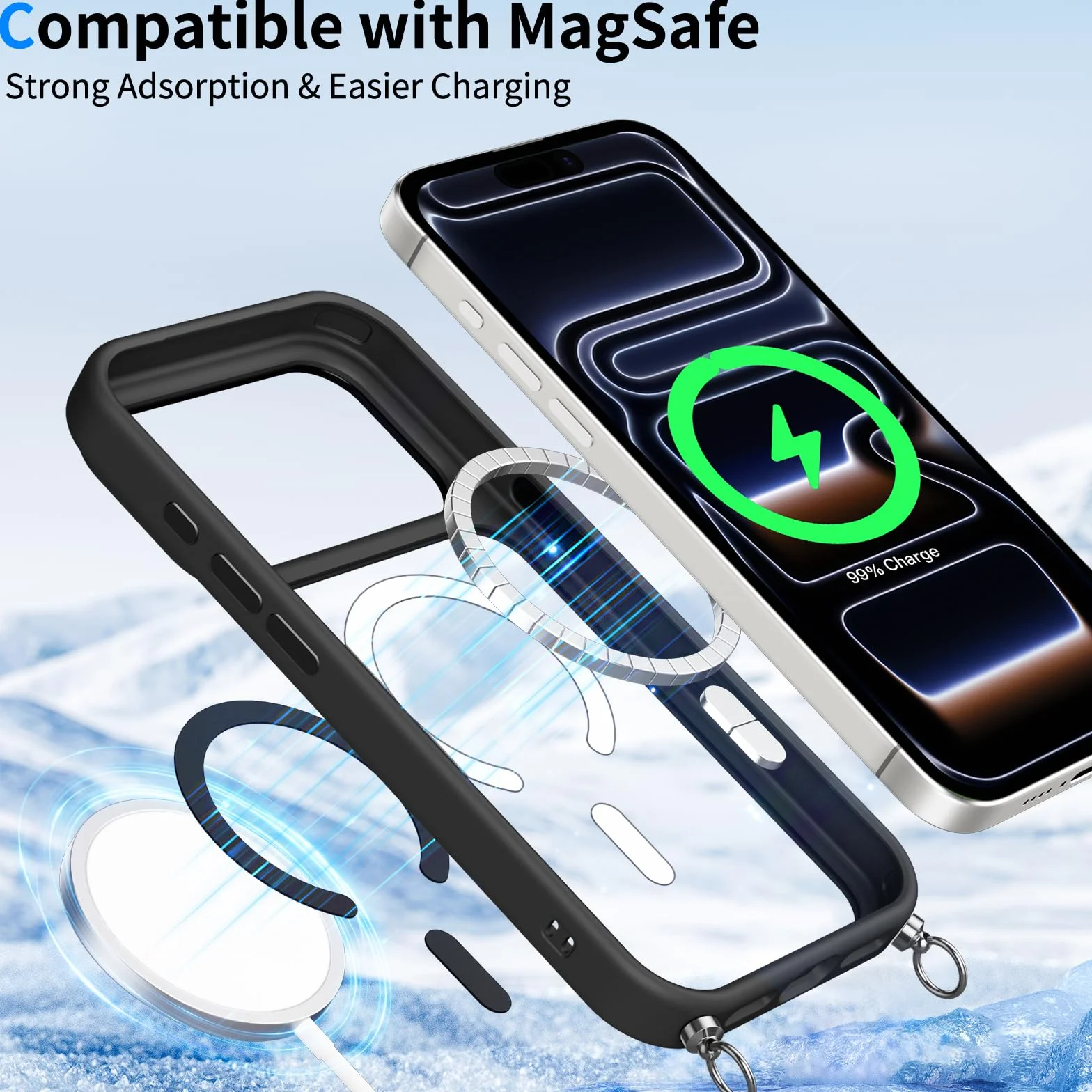Pnakqil Magnetyczne etui na iPhone'a 17 Pro ze smyczą, kompatybilne z MagSafe, twarde etui PC cienkie silikonowe TPU odporne na wstrząsy zderzak ochronny ze sznurkiem naszyjnik pasek na ramię etui