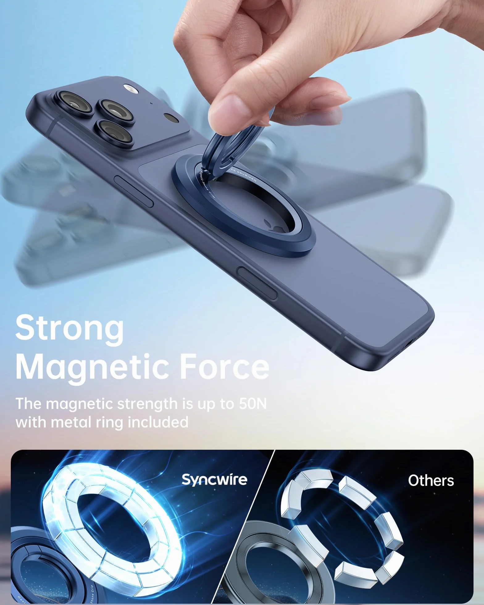 SYNCWIRE Magnetyczny uchwyt na telefon komórkowy do MagSafe obrót 360° kompatybilny z iPhone 16 15 14 13 12 Pro Max tytanowy niebieski