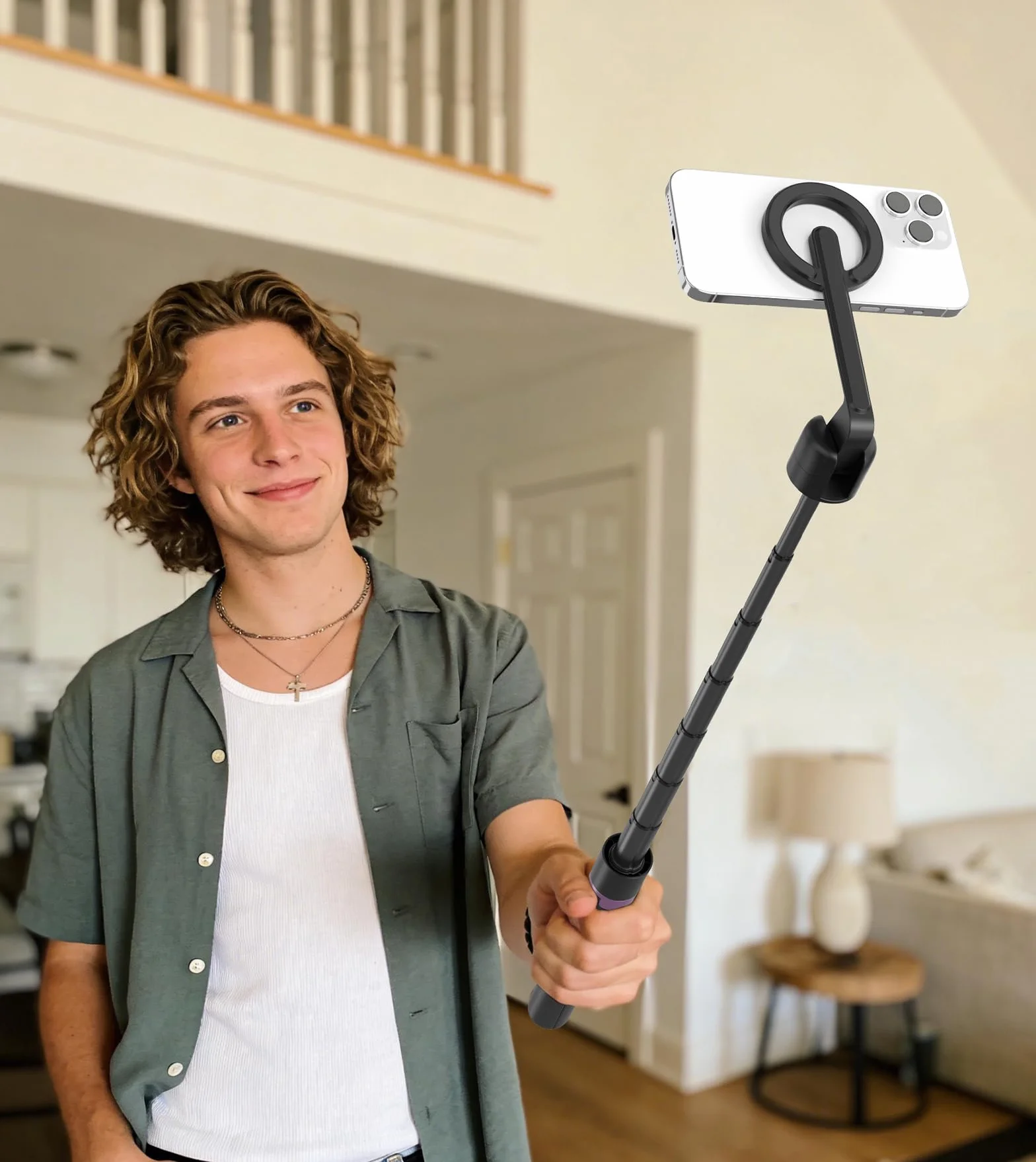 TONEOF 173cm Magnetyczny statyw do selfie, mocny magnetyczny uchwyt aluminiowy do Magsafe, obrót o 360°, wysuwany statyw z pilotem, przenośny statyw do telefonu komórkowego–Czarny Fioletowy