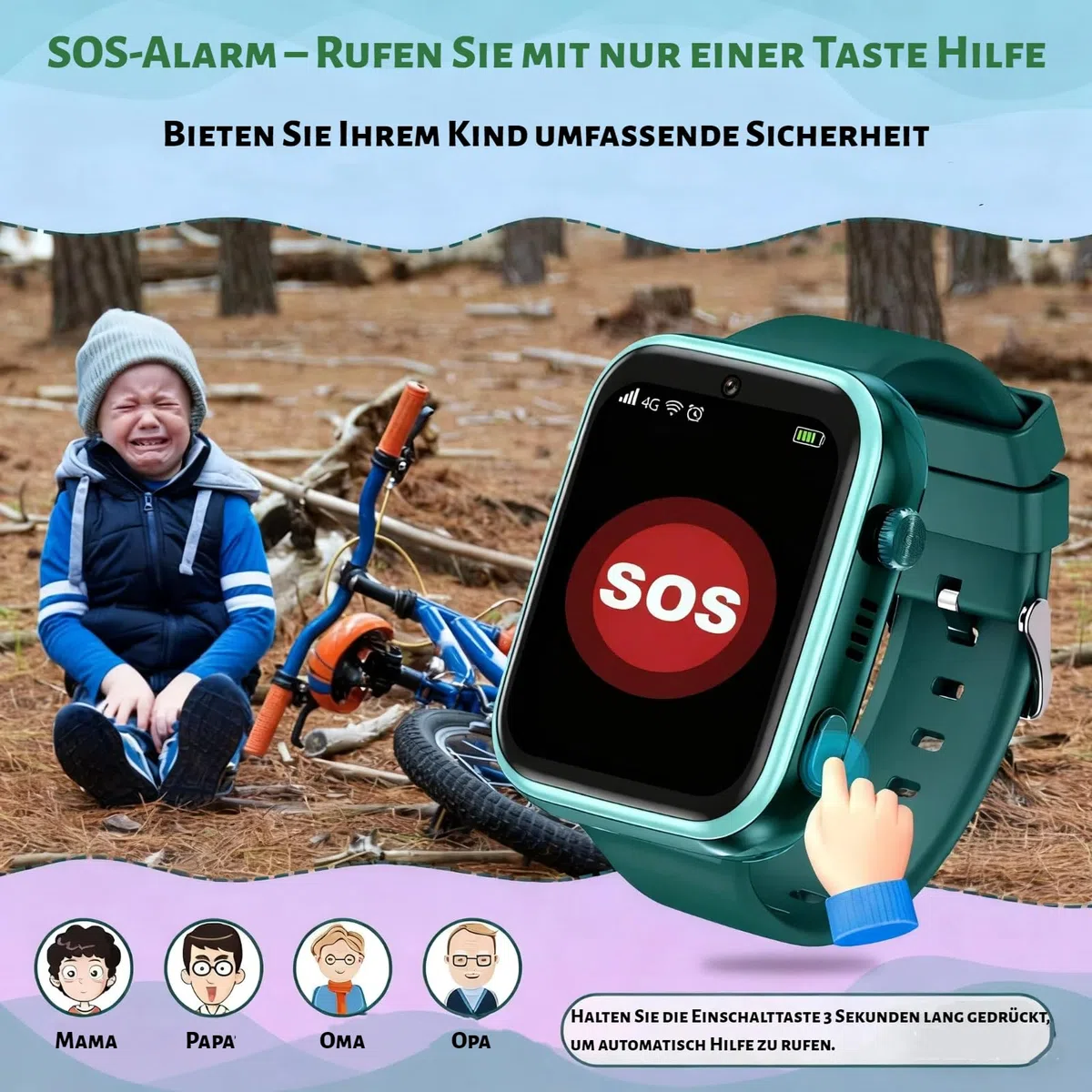 OKYUK Smartwatch dziecięcy 4G z trackerem GPS, dwukierunkowe połączenia, SOS, smartwatch z wieloma stylami pulpitu do wyboru dla 6-12 chłopców i dziewczynek (ciemnozielony)
