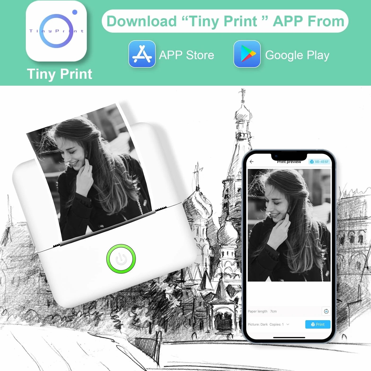 GuKKK Mini drukarka fotograficzna bezprzewodowa termiczna Bluetooth 13 rolek papieru 5 kredek