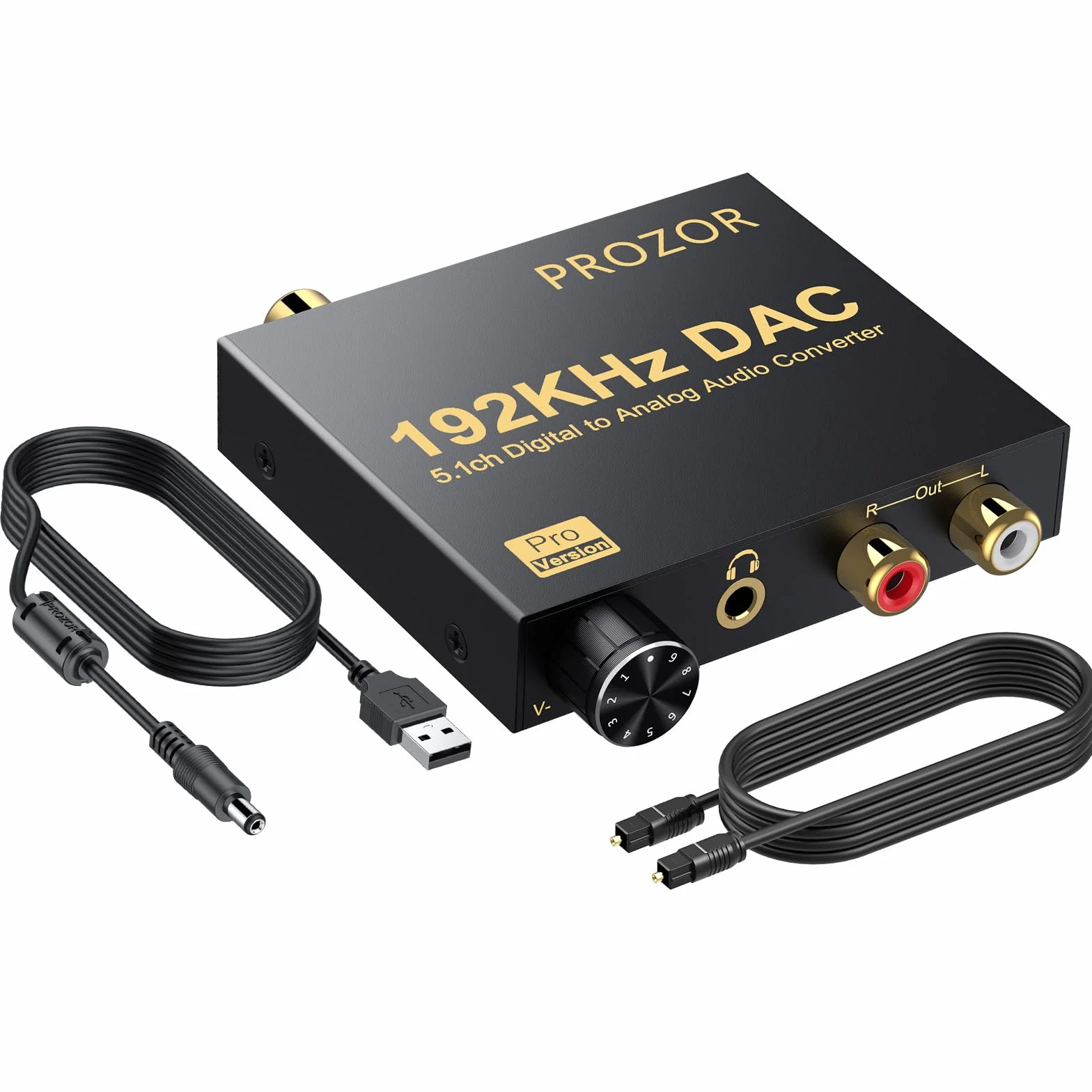 PROZOR Cyfrowy na analogowy konwerter audio 192 kHz obsługuje Dolby AC-3 DTS 5.1CH z regulacją głośności, dekoder optyczny na RCA DAC, cyfrowy konwerter DAC SPDIF TOSLINK na stereo L/R i gniazdo 3,5