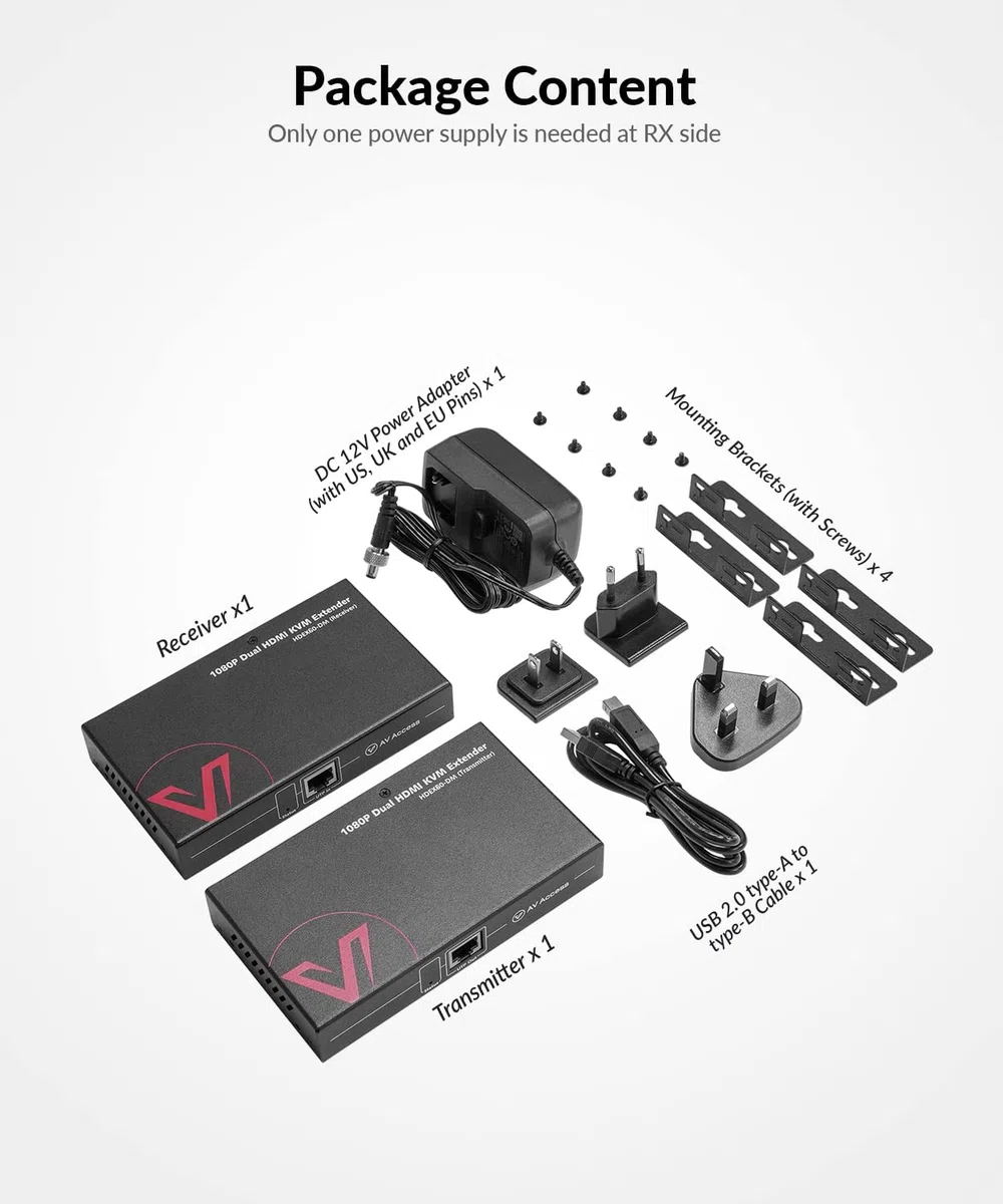 AV Access HDMI USB KVM Extender Dual Monitor Over Cat5e/6/6a/7 up to 1080p@60Hz 197ft, Zero Latency Extended Dual View, Display 2 Monitors with 4 USB 2.0 Ports for Keyboard/Mouse, HDCP 1.4, PoC