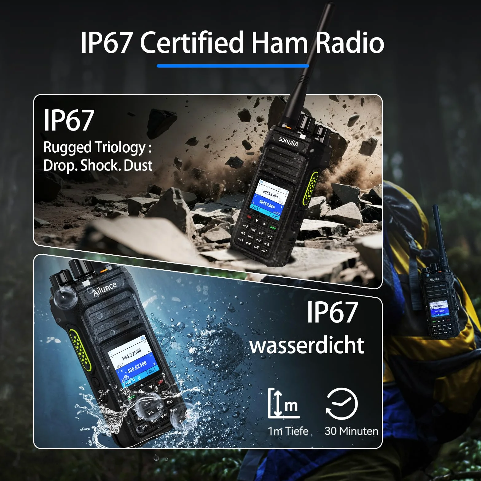 Retevis Ailunce HA1UV Ham Radio, Dwupasmowy Radiotelefon Amatorski, Wodoodporny IP67, 2800mAh, Sub-PTT, Radiotelefon Amatorski Dalekiego Zasięgu dla Radioamatorów, Impreza Amatorska (1 Szt.)