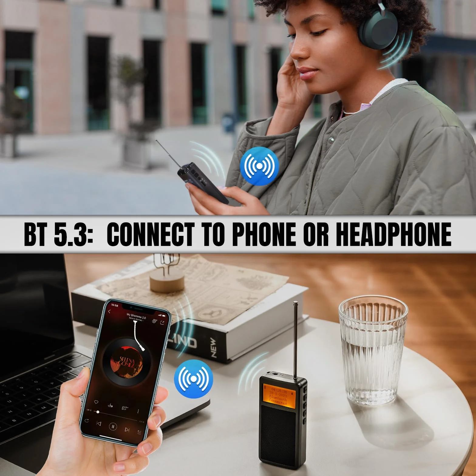 Raddy RF205 FM przenośne radio, kieszonkowe mini radio z połączeniem BT 5.3, wyjście sygnału FM-BT, głośnik odtwarzacza muzyki MP3 zasilany bateryjnie, ładowanie typu C, budzik, szary