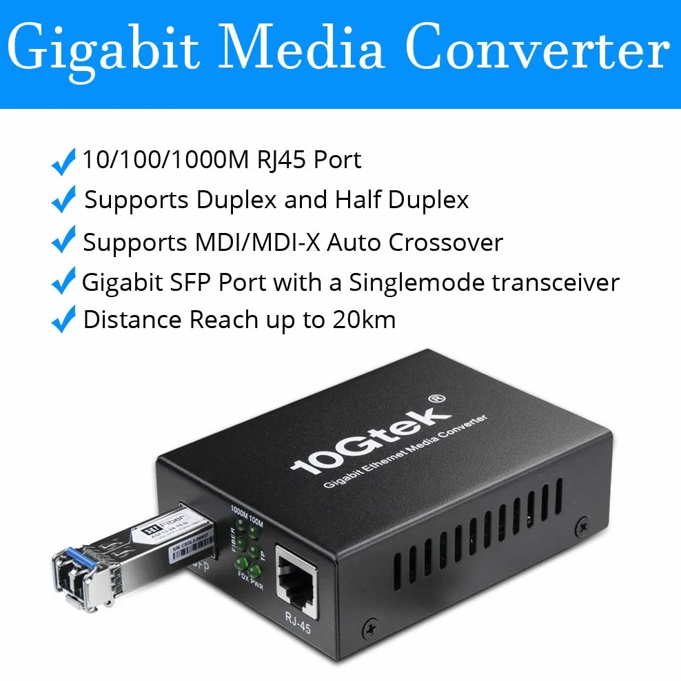 HiFiber Gigabit Ethernet konwerter mediów, 1,25 G SFP na RJ45, włókno szklane na miedziane, z nadajnikiem SFP (1000Base-LX, 20 km, jednomodowy)
