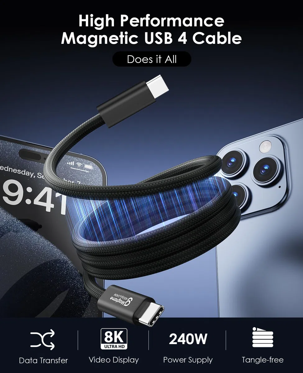 Kabel USB 4 240 W, 1,5 m, magnetyczny kabel USB C, obsługa wyświetlacza 8K 60 Hz, 4K 144 HZ 40 Gpbs, kabel USB C na USB C do telefonów 15Pro/15ProMax, do Mac_Booków, Hub USB C, stacja dokująca