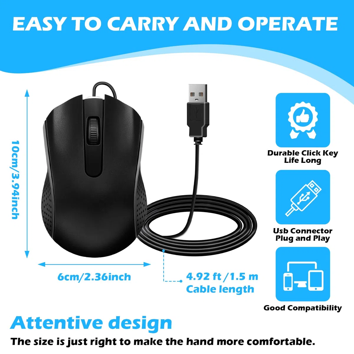 Przewodowa mysz komputerowa, przewodowa, przewodowa, z ergonomiczną konstrukcją, mysz komputerowa, Plug and Play, USB, dla studentów, nauczycieli, kompatybilność z wieloma urządzeniami, do klasy, domu