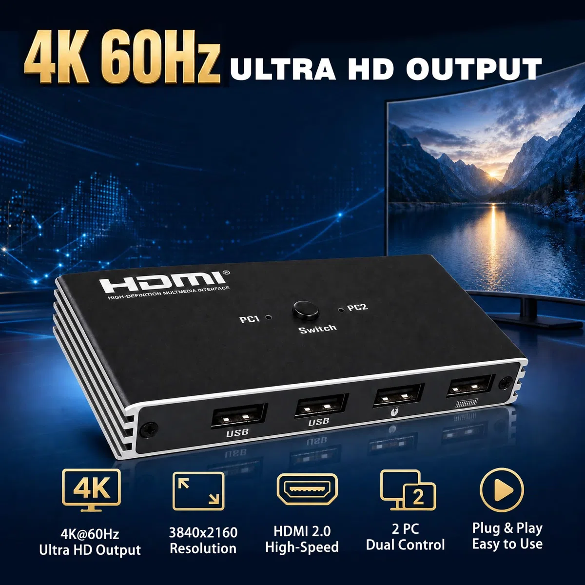Przełącznik KVM HDMI 2 Komputery 1 Monitor 4K 60Hz USB-A Dla Win/Mac/Linux | Plug&Play, porty USB 2.0, kompatybilność z systemami Windows/Mac/Linux, idealne do gier i pracy zdalnej, stabilne i trwałe
