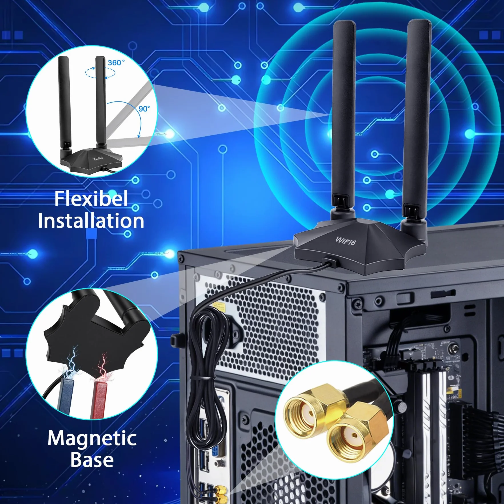 Trójzakresowa antena WiFi 6E RP-SMA z podstawą magnetyczną i przedłużaczem o długości 2 m do komputera, płyty głównej Bluetooth, routera WiFi 6, kamery Wi-Fi, karty PCI