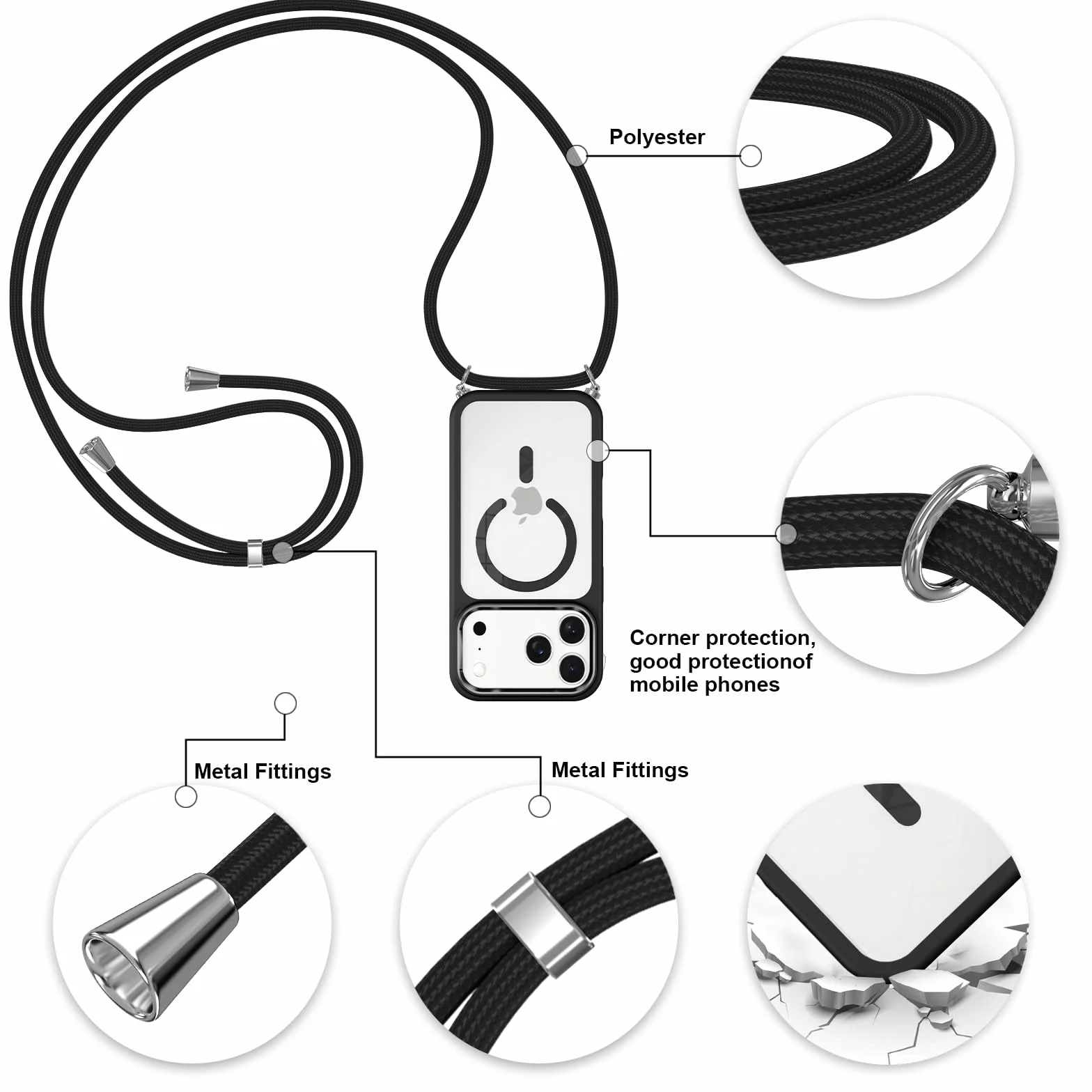 Pnakqil Magnetyczne etui na iPhone'a 17 Pro ze smyczą, kompatybilne z MagSafe, twarde etui PC cienkie silikonowe TPU odporne na wstrząsy zderzak ochronny ze sznurkiem naszyjnik pasek na ramię etui