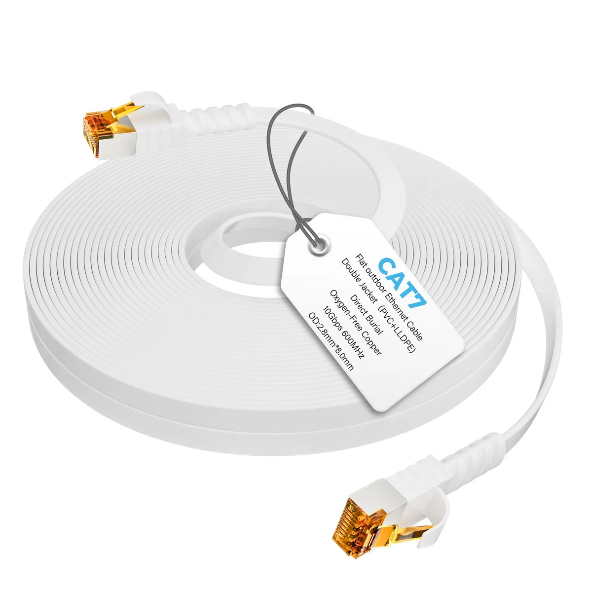 Płaski kabel Ethernet Cat7, 15 m, biały, do użytku na zewnątrz, 10 Gbit/s 600 MHz, POE, wytrzymały PCW + LLDPE, odporny na warunki atmosferyczne, bezpośrednie zakopanie, kabel sieciowy Cat 7