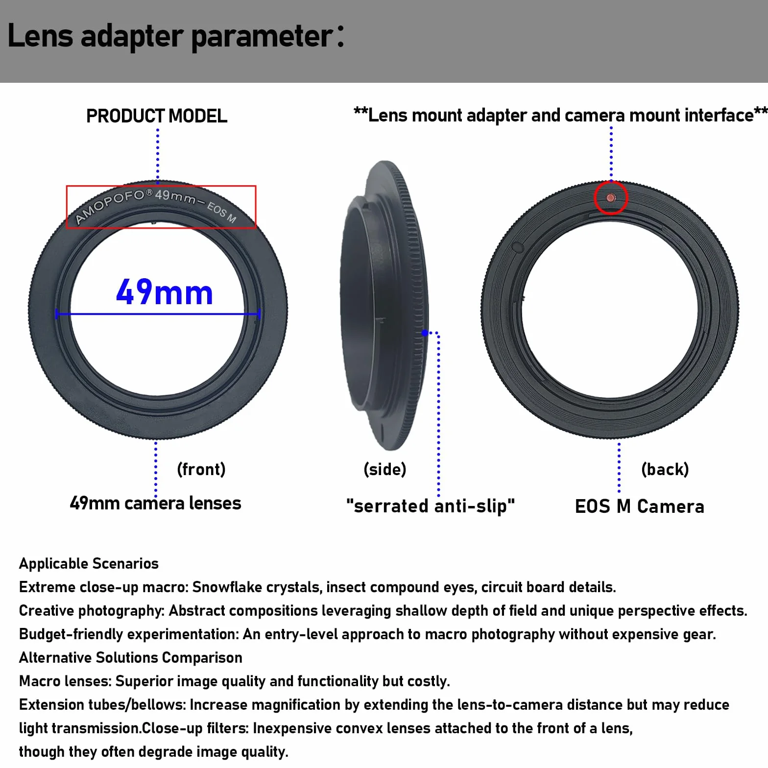 EOS M-49 mm adapter retro/pierścień odwrócony makro, do Canon EOS M Mirroless M1 M2 M3 M10 M50 M6 M5, do odwrotnego przykręcenia obiektywu. Do zdjęć makro