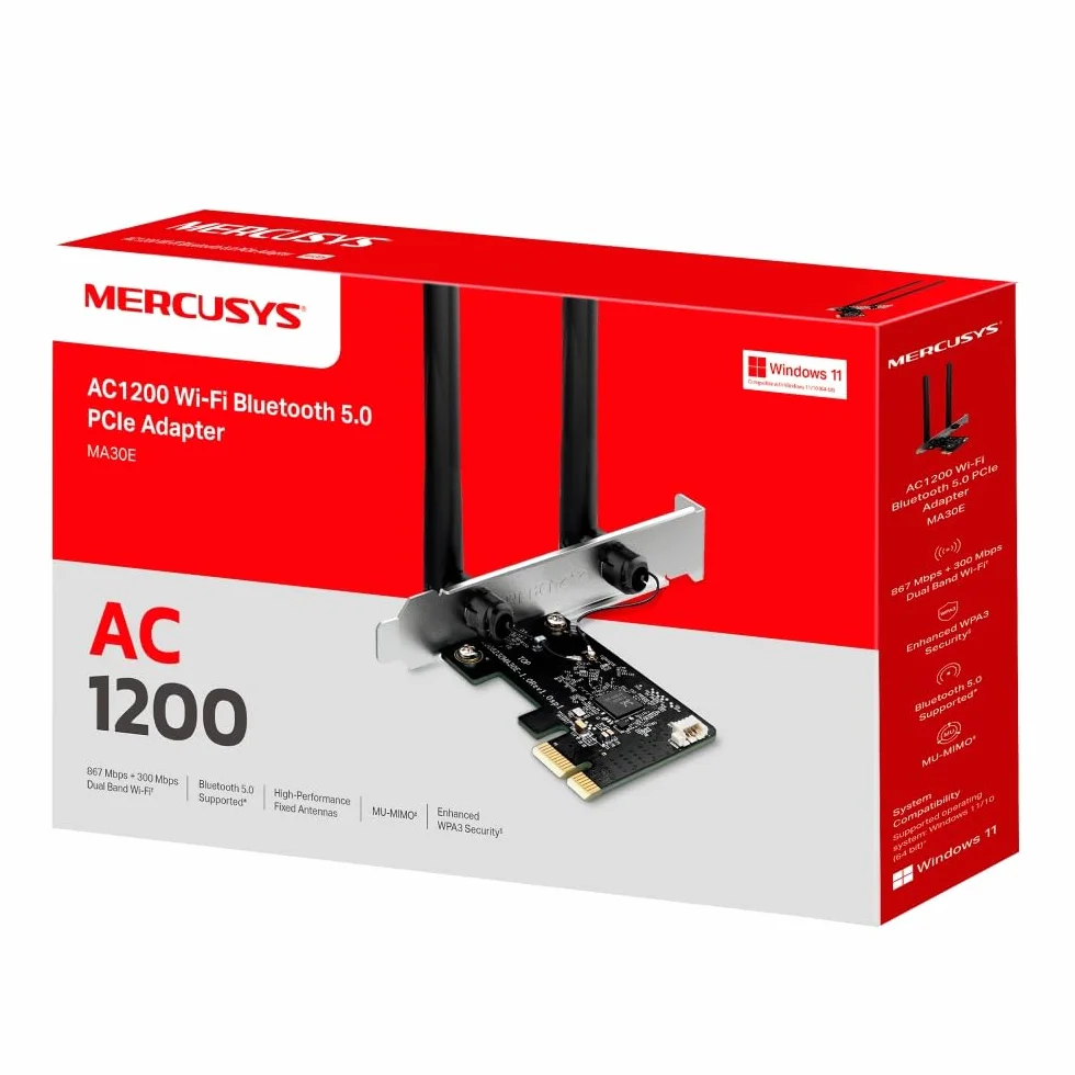 Mercusys TP-Link MA30E dwuzakresowy adapter Wi-Fi AC1200Mbps, Bluetooth 5.0, dwie anteny o wysokiej wydajności, MU-MIMO, WPA3, Windows 11/10