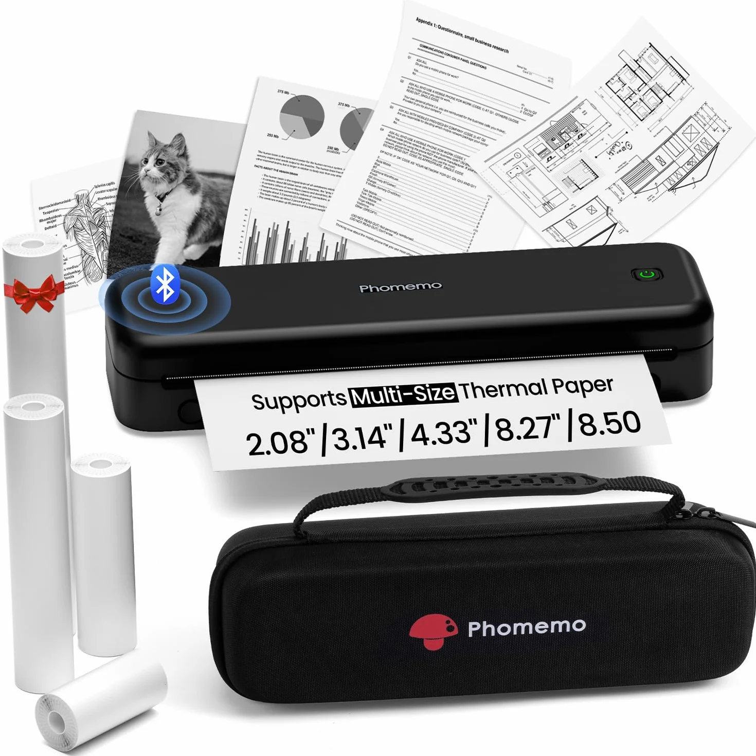 Phomemo M834 Przenośna drukarka termiczna A4, kompatybilna z telefonem i laptopem, drukarka atramentowa Bluetooth do użytku domowego, z torbą do przenoszenia i 4 rolkami termicznych jednorazowych