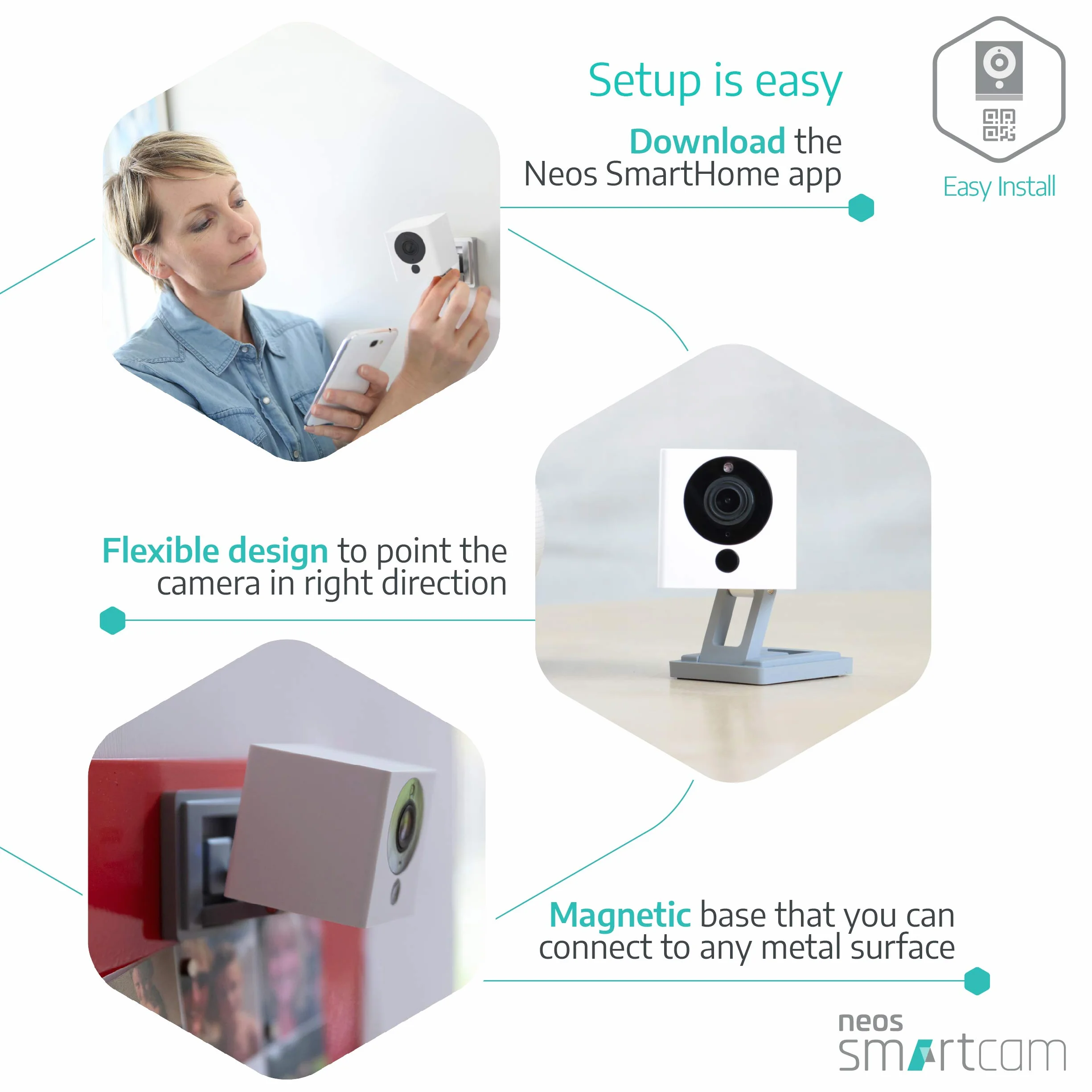 Neos SmartCam kamera bezpieczeństwa Wi-Fi SmartHome, współpracuje z Alexa, wideo HD 1080P, noktowizor, 2-drożny dźwięk, bezpłatne przechowywanie w chmurze, obsługa Wielkiej Brytanii, biała, pojedyncze
