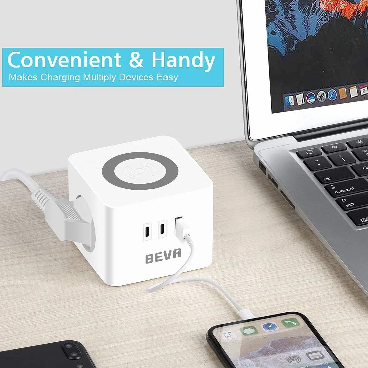 Socket Cube, BEVA Cube Kostka z 2 gniazdami +2 USB C+1 USB-A, z funkcją ładowania bezprzewodowego, ładowarka do telefonu komórkowego, w podróży, gospodarstwie domowym i biurze, biała