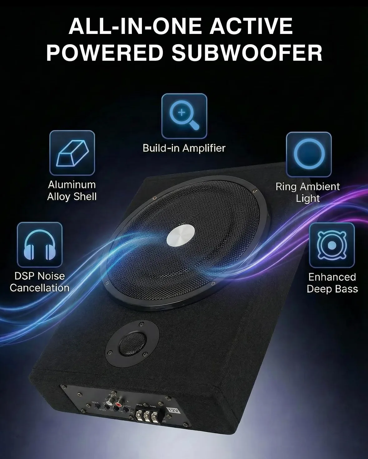 Aktywny subwoofer, ultrapłaski subwoofer samochodowy, odpowiedni do samochodu/ciężarówki, ze zintegrowanym wzmacniaczem, możliwość montażu pod siedzeniami, maksymalna moc 1500 W, kompaktowy