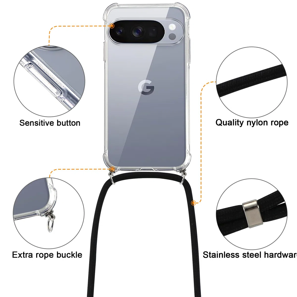 Etui z łańcuszkiem na telefon komórkowy z paskiem dla Google Pixel 10/Pixel 10 Pro, etui z łańcuszkiem i sznurkiem do zawieszenia, przezroczywe etui TPU, odporne na uderzenia i zarysowania