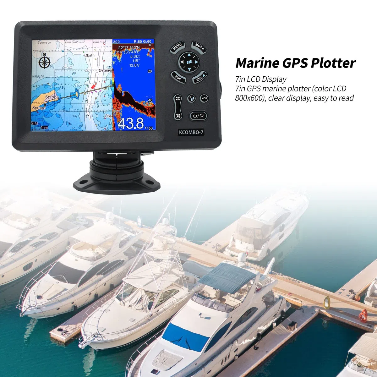 Pozycjoner Nawigacji GPS, 7-calowy Ploter Morski Wbudowany Wykrywacz Ryb Kolorowy Wyświetlacz LCD Podzielony Ekran Stopień Ochrony IP66 Lokalizator Nawigacji łodzi