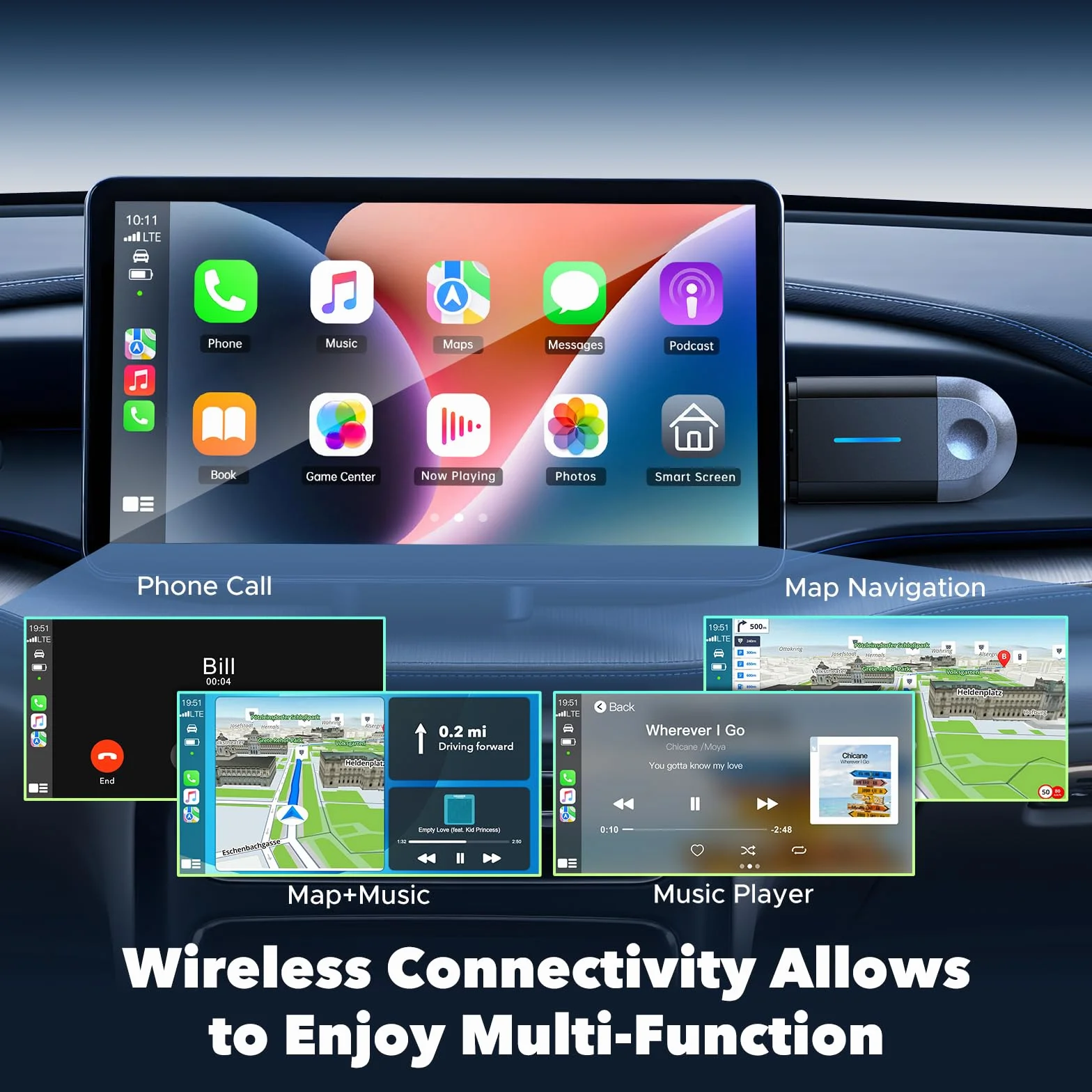 LAMTTO 2-w-1 bezprzewodowy adapter CarPlay, mały bezprzewodowy adapter Carplay i Android Auto z USB-C/A, Plug & Play, stabilne połączenie, działa bez opóźnień dla iOS 10+/Android 11+ i samochodów od