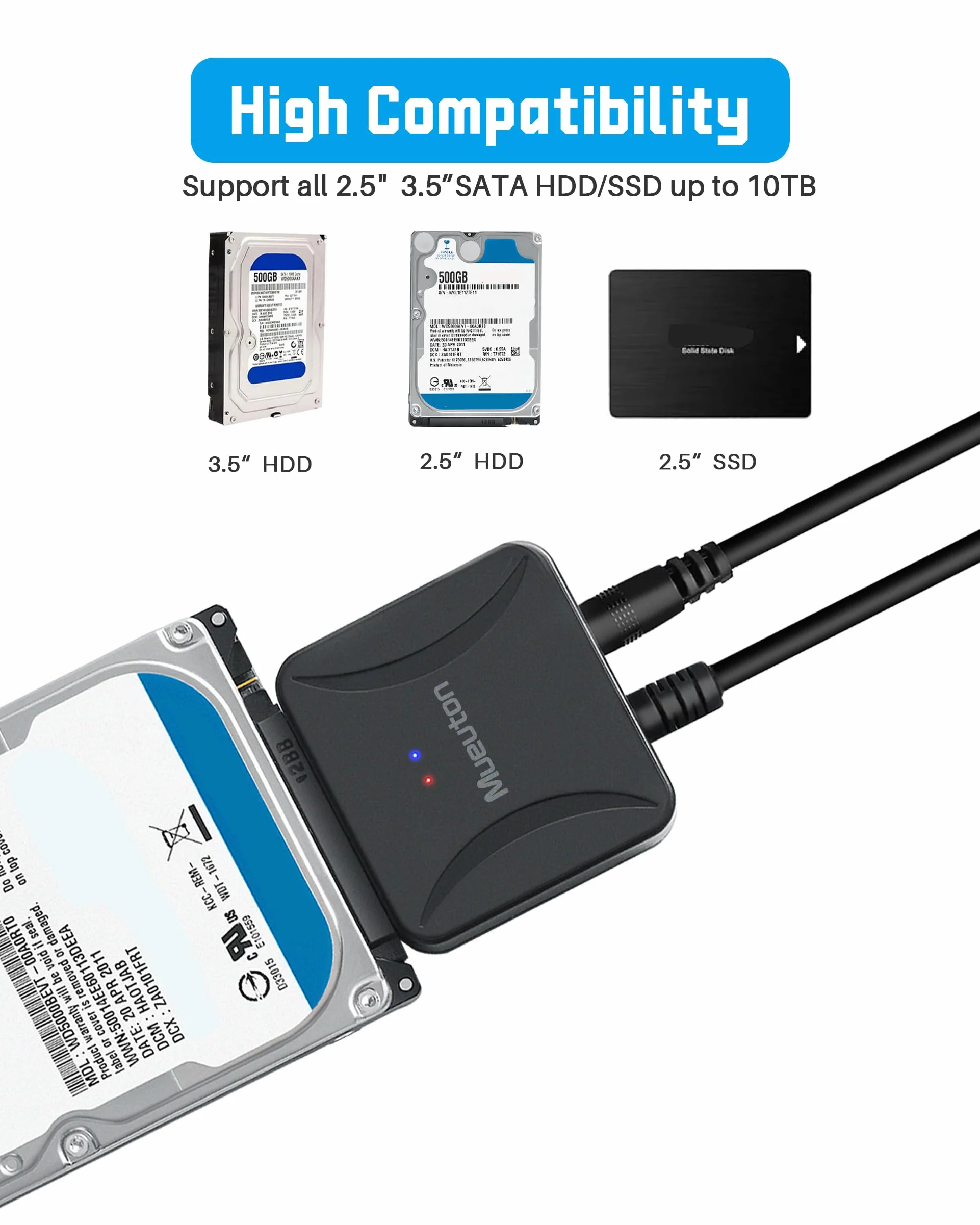 Adapter SATA USB, adapter USB na SATA, USB 3.0 do SATA III Hard Drive adapter do dysku twardego 2,5" 3,5" HDD/SSD i SATA Optical Drive z adapterem zasilania 12 V/2 A