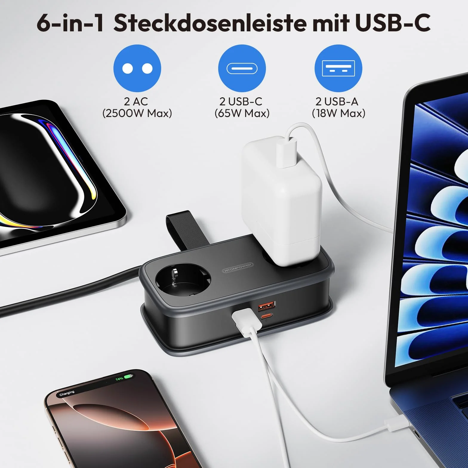 Listwa zasilająca NTONPOWER 2 gniazda USB-C 65W PD płaska wtyczka 2500W 1,5m czarna