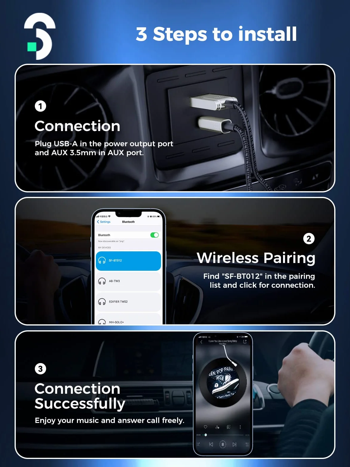 Samochodowy adapter Bluetooth Aux, odbiornik 5.1 Bluetooth z mikrofonem do muzyki i zestawu głośnomówiącego, kompatybilny z domowym zestawem stereo, słuchawkami, głośnikami itp.
