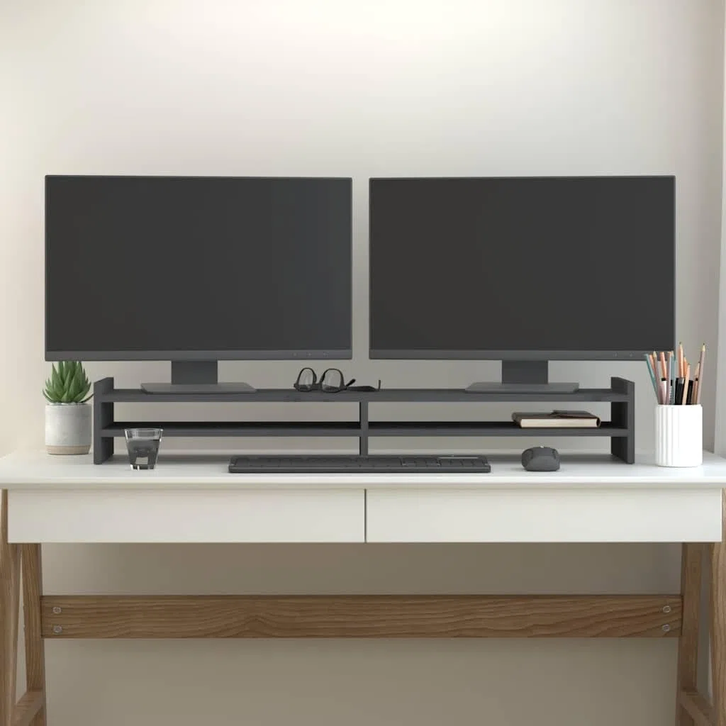 Hothingwell Stojak na monitor z litego drewna sosnowego 100 x 27 x 15 cm szary, minimalistyczny design z miejscem do przechowywania klawiatury i akcesoriów